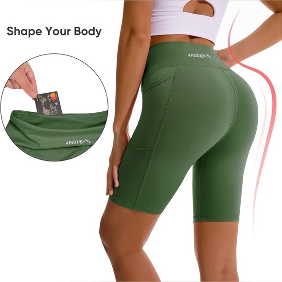 Apexup High Waist, Spandex Yoga Shorts w/Side Pockets-Size Small-Olive Green - Picture 3 of 6